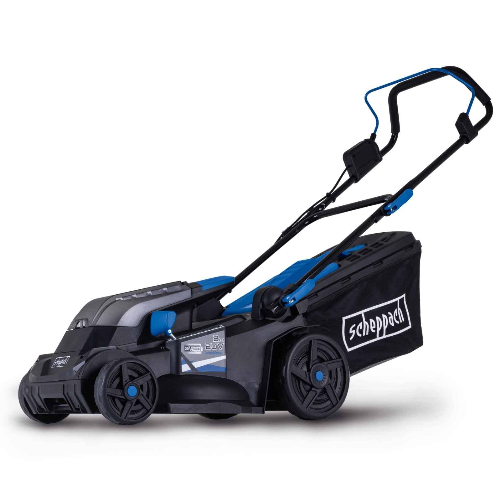 Scheppach Akku Rasenmäher BC-MP380-X | 38cm Schnittbreite | für 450-500m2 | 45L Korb | Schnitthöhe 25-75mm | Brushless | 20V-IXES-Serie | 10 Jahre Garantie | 2x4Ah Akku & Fastcharge Doppelladegerät