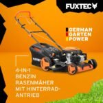 FUXTEC 4in1 Benzin Rasenmäher FX-RM5196 mit Edge-Cut, Gartenmäher inkl. Seitenauswurf-Funktion, 51 cm Schnittbreite, 4-Takt mit Hinterradantrieb, kugelgelagerte Big Wheel Räder, 60L Grasfangkorb