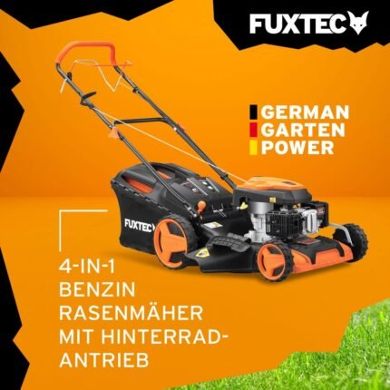 FUXTEC 4in1 Benzin Rasenmäher FX-RM5196 mit Edge-Cut, Gartenmäher inkl. Seitenauswurf-Funktion, 51 cm Schnittbreite, 4-Takt mit Hinterradantrieb, kugelgelagerte Big Wheel Räder, 60L Grasfangkorb