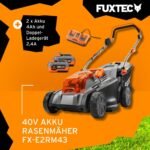 FUXTEC Akku Rasenmäher 40V (2x20V) E2RM43- Schnittbreite 43cm, Variable Schnitthöhe, Elektrorasenmäher, Kabellos (Li-Ion Akku & Ladegerät inklusive)