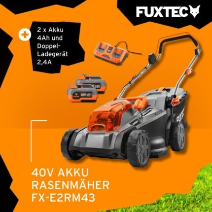 FUXTEC Akku Rasenmäher 40V (2x20V) E2RM43- Schnittbreite 43cm, Variable Schnitthöhe, Elektrorasenmäher, Kabellos (Li-Ion Akku & Ladegerät inklusive)