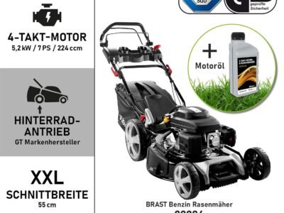 BRAST® Benzin Rasenmäher mit Antrieb | 5,2kW (7PS) | 55cm Schnittbreite | viele Modelle | TÜV | 30-80mm Schnitthöhe | 60L Fangkorb | 4 Takt OHV Motor | Stahlgehäuse | Power