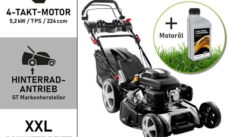 BRAST® Benzin Rasenmäher mit Antrieb | 5,2kW (7PS) | 55cm Schnittbreite | viele Modelle | TÜV | 30-80mm Schnitthöhe | 60L Fangkorb | 4 Takt OHV Motor | Stahlgehäuse | Power