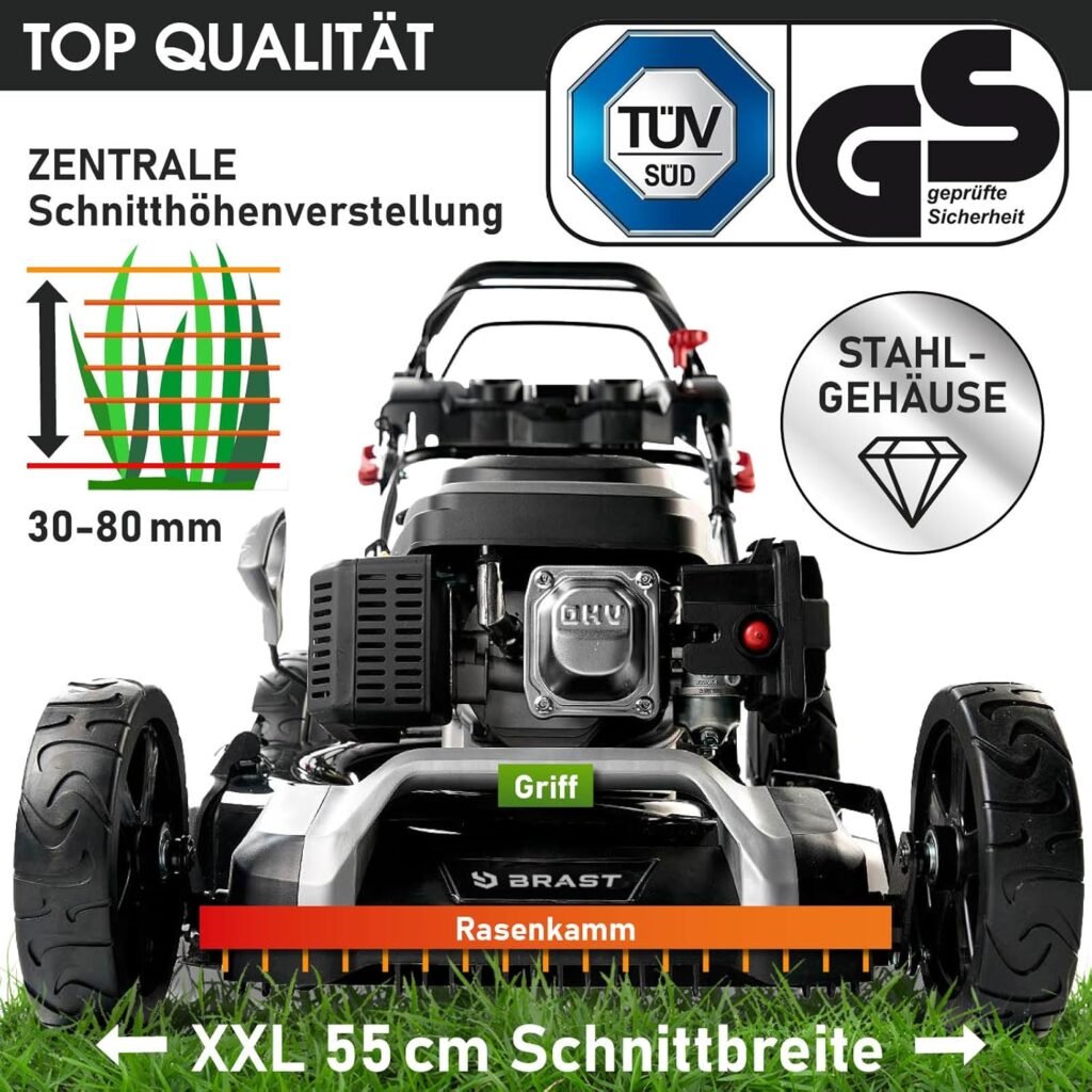 BRAST® Benzin Rasenmäher mit Antrieb | 5,2kW (7PS) | Elektrostart | 55cm Schnittbreite | viele Modelle | TÜV | 30-80mm Schnitthöhe | 60L Fangkorb | 4 Takt OHV Motor | Stahlgehäuse | ESTART Speed