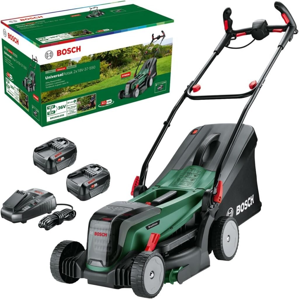 Bosch UniversalRotak Cordless Lawnmower 2x18V-37-550 (up to 500 m2 with 2x 4.0 Ah Batteries); 18 Volt System; Cutting Width: 37 cm; 2x 18 V 4.0 Ah Battery and Charger)
