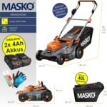 MASKO® Akku Rasenmäher mit Mulchfunktion, 2X Akkus Li-Ion Batterie 4Ah & Doppel-Ladegerät Rasentrimmer 37cm Schnitt-Breite 6X Höhenverstellbar 40L Fangkorb Flächen bis 600m² inkl. Handschuhe & Bürste