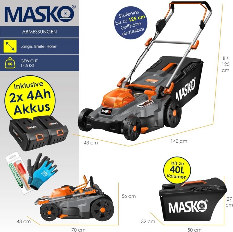 MASKO® Akku Rasenmäher mit Mulchfunktion, 2X Akkus Li-Ion Batterie 4Ah & Doppel-Ladegerät Rasentrimmer 37cm Schnitt-Breite 6X Höhenverstellbar 40L Fangkorb Flächen bis 600m² inkl. Handschuhe & Bürste