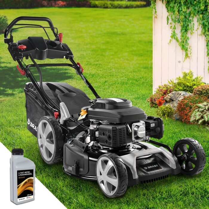 BRAST® Benzin Rasenmäher mit Antrieb | 5,2kW (7PS) | 55cm Schnittbreite | viele Modelle | TÜV | 30-80mm Schnitthöhe | 60L Fangkorb | 4 Takt OHV Motor | Stahlgehäuse | Power