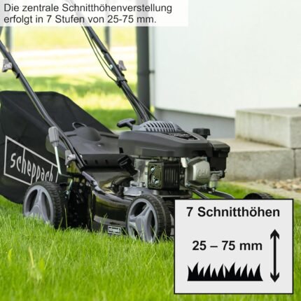 Scheppach MS132-42B Benzin Rasenmäher Black Edition mit Antrieb | für Rasenflächen bis 800m² | Schnittbreite 42cm | Leistung 3,3PS | Schnitthöhenverstellung in 7 Stufen (25-75mm) | Fangbox 45L