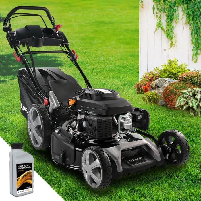 BRAST® Benzin Rasenmäher mit Antrieb | 5,2kW (7PS) | Elektrostart | 55cm Schnittbreite | viele Modelle | TÜV | 30-80mm Schnitthöhe | 60L Fangkorb | 4 Takt OHV Motor | Stahlgehäuse | ESTART Speed