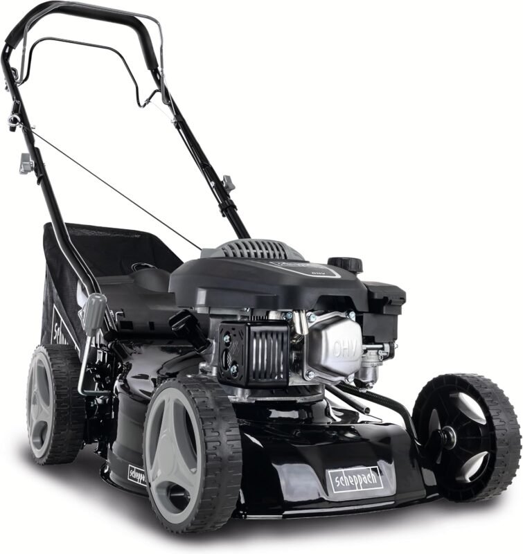 Scheppach MS132-42B Benzin Rasenmäher Black Edition mit Antrieb | für Rasenflächen bis 800m² | Schnittbreite 42cm | Leistung 3,3PS | Schnitthöhenverstellung in 7 Stufen (25-75mm) | Fangbox 45L