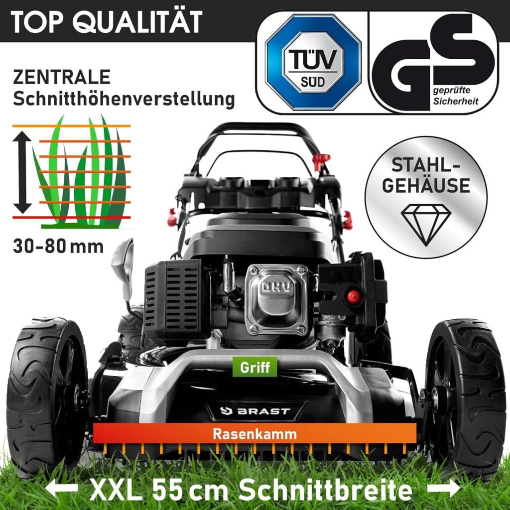 BRAST® Benzin Rasenmäher mit Antrieb | 5,2kW (7PS) | 55cm Schnittbreite | viele Modelle | TÜV | 30-80mm Schnitthöhe | 60L Fangkorb | 4 Takt OHV Motor | Stahlgehäuse | Power