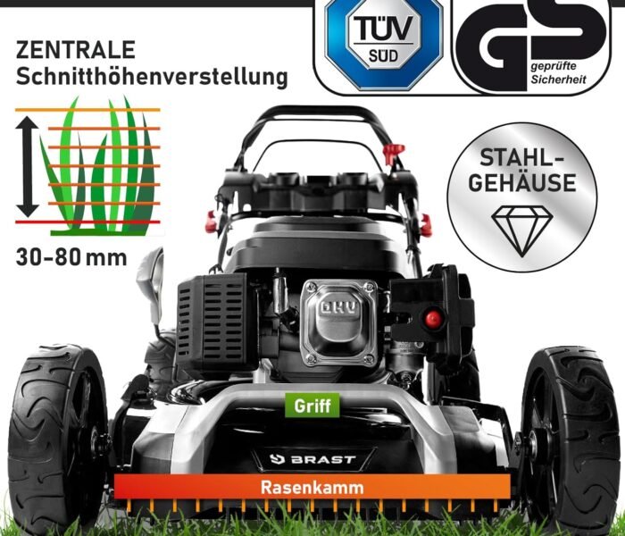 BRAST® Benzin Rasenmäher mit Antrieb | 5,2kW (7PS) | 55cm Schnittbreite | viele Modelle | TÜV | 30-80mm Schnitthöhe | 60L Fangkorb | 4 Takt OHV Motor | Stahlgehäuse | Power