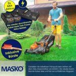 MASKO® Akku Rasenmäher mit Mulchfunktion, 2X Akkus Li-Ion Batterie 4Ah & Doppel-Ladegerät Rasentrimmer 37cm Schnitt-Breite 6X Höhenverstellbar 40L Fangkorb Flächen bis 600m² inkl. Handschuhe & Bürste
